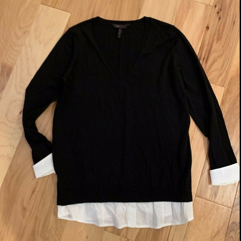 BCBG Max Azria V Neck Black Sweater w/White Cuffs
